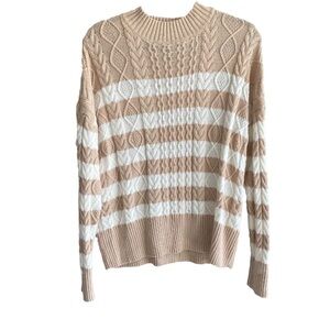 Tahari Tan and White Striped Mock neck Cable Knit Sweater Size Medium